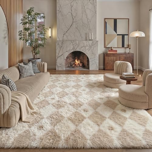 Boho Beige 8x10 Area Rug for Living Room - Soft Checkered Shag Carpet