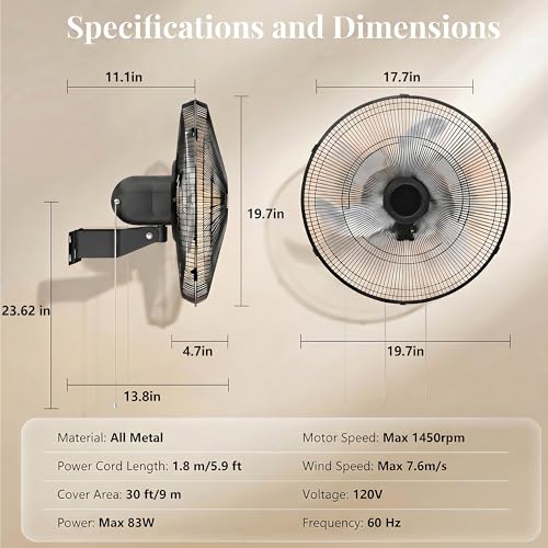 18 Inch Oscillating Wall Mount Fan - 3 Speed High Velocity Cooling, 90° Oscillation & 30° Tilt, Indoor & Outdoor