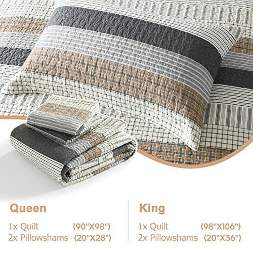 Finlonte Grey/Brown/White Queen Cotton Quilt Set 3 Pieces All-Season Farmhouse Bedding
