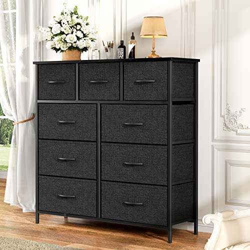 Black Fabric Dresser with 9 Drawers - Anti-Tip Storage Tower, 11.8"D x 39.4"W x 40.2"H