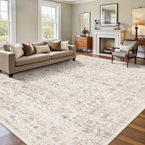 C-Light Brown 8x10 Area Rug - Washable Vintage Floral Non-Slip Carpet for Living Room