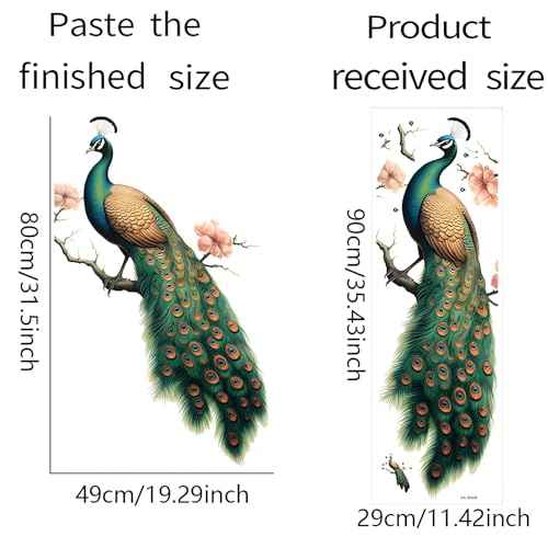 Green Peacock Peach Blossom Painted Wall Stickers, sacinora Beautiful Art Wall Decals Removable Vinyl Peel and Stick for Living Room Bedroom Door Backgrounds Home Decorations