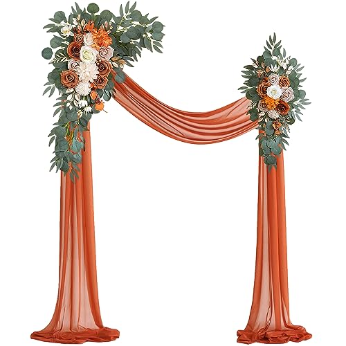 Olalaka Burnt Orange Wedding Arch Flowers Kit with 26ft Terracotta Draping Fabric - DIY Ceremony Backdrop
