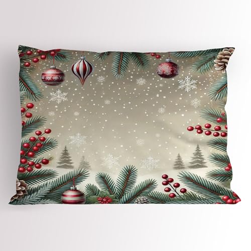 Ambesonne Christmas Pillow Sham, Happy Winter Pine Tree Leaves and