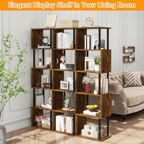 6-Tier S-Shaped Geometric Bookcase - Rustic Brown Tall Bookshelf with Storage