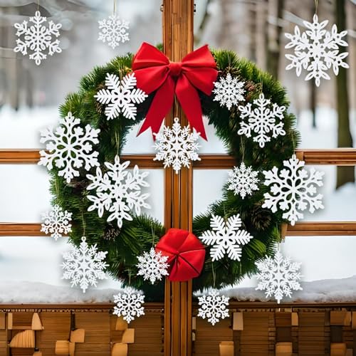 kockuu 49Pcs Christmas Ornaments Snowflake Decorations - White Glitter Christmas Ornaments Hanging Snowflakes for Winter Christmas Tree Wall Ceiling Window Ornaments