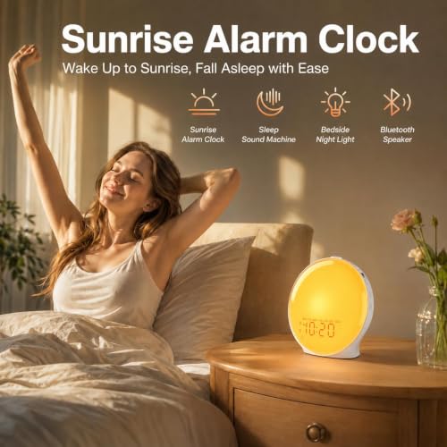 White Full-Screen Wake Up Light Sunrise Alarm Clock with 25 Sounds Bluetooth FM Radio