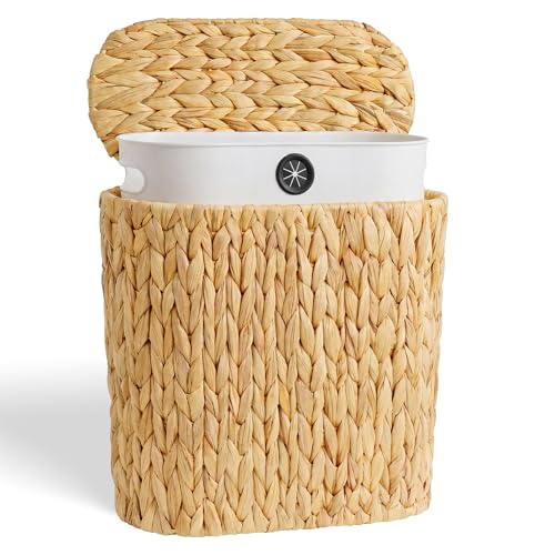 Brown Wicker Trash Can with Lid - Narrow Water Hyacinth Waste Basket for Bathroom, Bedroom, Office, Small Spaces