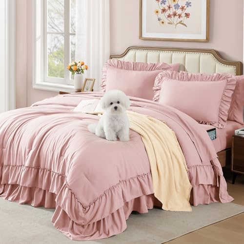 King Size Pink Ruffle Comforter Set - Farmhouse Bed in a Bag, 7 Pieces - Soft & Cozy, Elegant Bedding with Pillowcases - Variation: Soft Pink / King