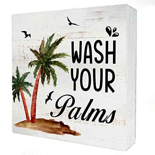 Wash Your Palms Wood Box Sign Home Decor Rustic Bathroom Quote Wooden Box Sign Block Plaque for Wall Tabletop Desk Home Bathroom Decoration 5" x 5"