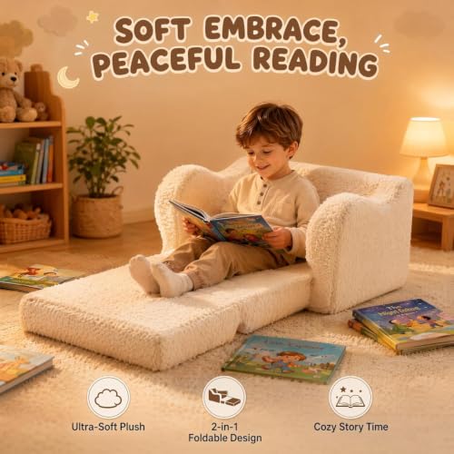 Kids Sofa Chair 2-in-1 Foldable Couch with Sherpa Cover - Cream, Medium - MOMCAYWEX
