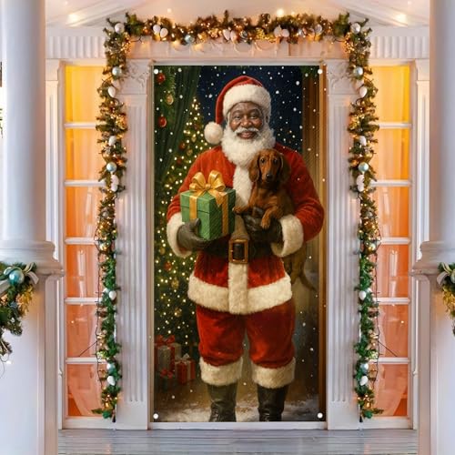 Christmas Door Cover Santa Wrapped Box 35x71 Inch Polyester Holiday Decor