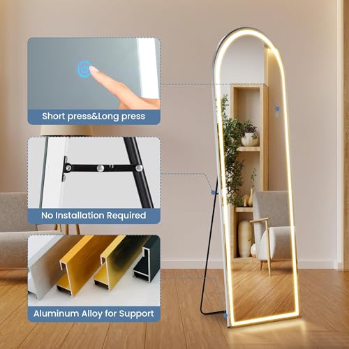 White Arched LED Full Length Floor Mirror 60x16 Inch Modern Full Body Wall Mirror