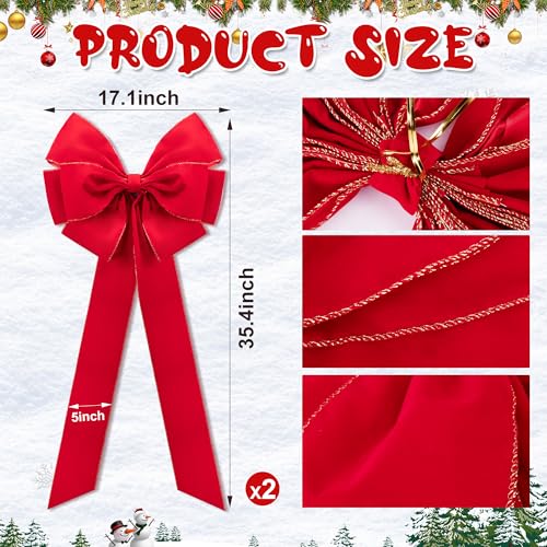 2 Pcs Large Christmas Bows 35.4 x 17.1 in Red Velvet with Gold Edges - Iceyyyy