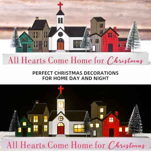 LED Lighted Christmas Village Decor, Rustic Wooden Merry Christmas Sign, Farmhouse Xmas Party Holiday Decor Centerpiece for Tiered Tray Mantel Home (6 buildings)