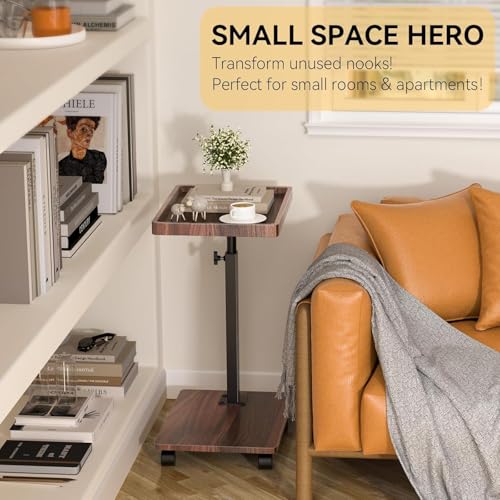 Walnut Brown Adjustable C End Side Table with 360° Swivel & Wheels, Space-Saving Sofa & Bed Snack Table - XNSDXV