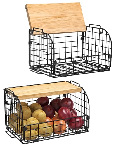 Stackable Wire Basket with Openable Bamboo Top for Kitchen Pantry Storage