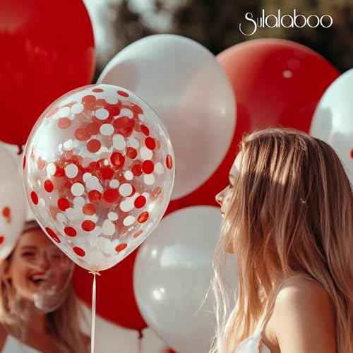 Metallic Red and White Balloons 12Inch 73PCS White Red Confetti Latex Balloons Shiny Helium Balloon Set for Birthday Anniversary Graduation Party Decorations