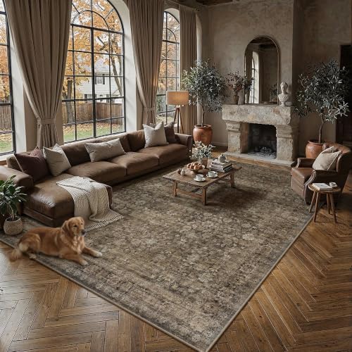 Brown Vintage 8x10 Area Rug - Washable Low Pile Living Room Carpet - Floral
