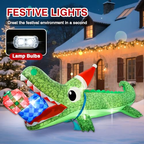 Aotiooy 9.3 FT Christmas Inflatable Crocodile Yard Decor with LED Lights, Santa Hat & Gift Box