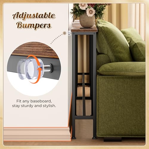 Rustic Brown 141.7 Inch Sofa Table with Power Outlets Behind Couch