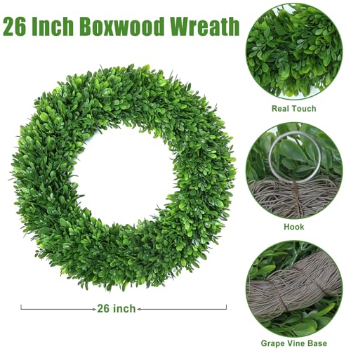 26 Inch Green Boxwood Wreath for Front Door All-Season Realistic Eucalyptus Decoration