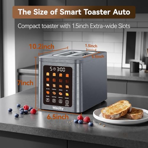 Mecity 2 Slot Smart Touchscreen Toaster - Brushed Stainless Steel Gray, Wide Slot, Auto Lift & Memory Function