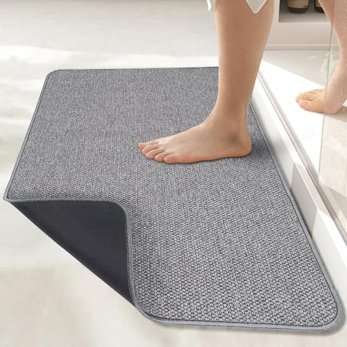 Bosap Ultra Thin Rubber Bath Mat 2x3 ft - Non Slip Quick Dry Absorbent Bathroom Rug Grey
