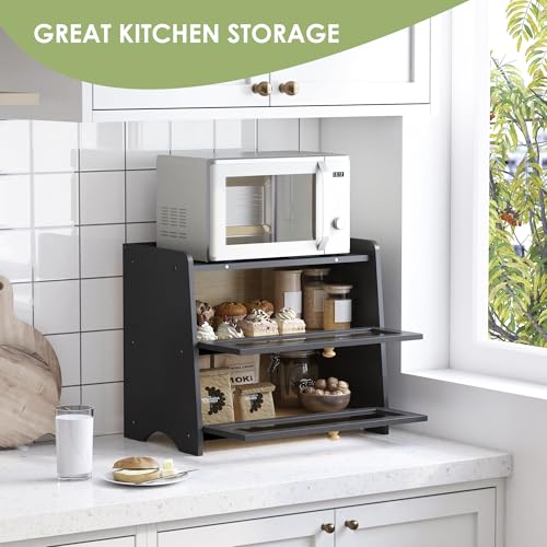 Black 2-Tier Double Layer Bread Box for Kitchen Countertop - Eco-Friendly Bamboo