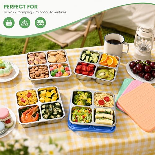 4 Pack Stainless Steel Snack Containers with Silicone Lids - Leakproof Bento Lunch Boxes, Reusable 4-Compartment Food Storage