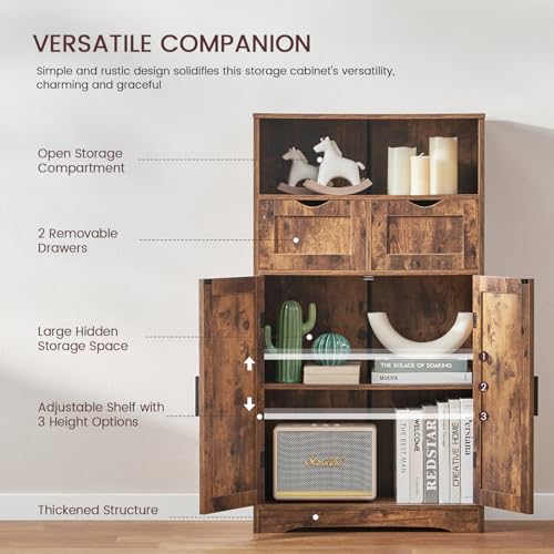 Iwell Rustic Brown Bathroom Storage Cabinet with 2 Drawers and Adjustable Shelves