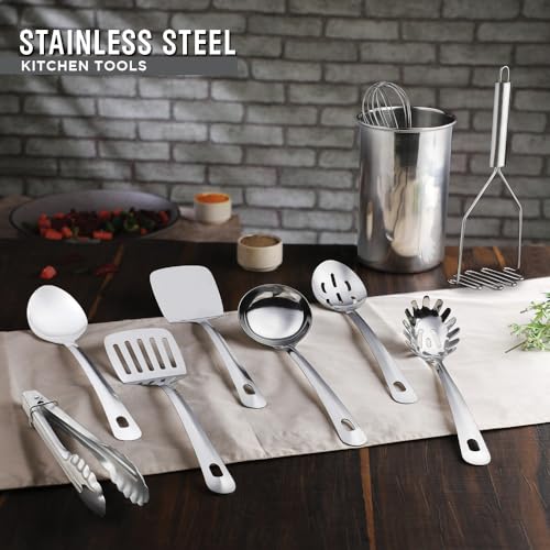 Large 10-Piece Stainless Steel Kitchen Utensil Set with Holder – Premium Cooking & Baking Tools
