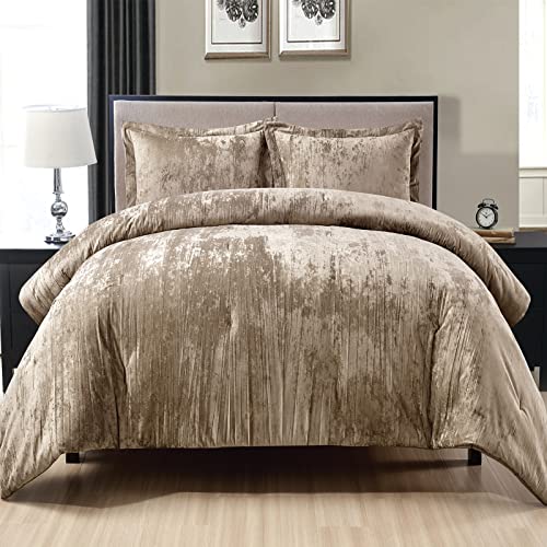 Fredsure Khaki King Comforter Set - 3 Pieces Crinkle Velvet & Microfiber, Light Fill