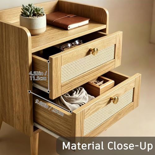 EOLULIG Rattan Nightstands Set of 2 with Natural Wood Finish, Boho Bedside Tables with 2 Drawers & Built-in Charging Station