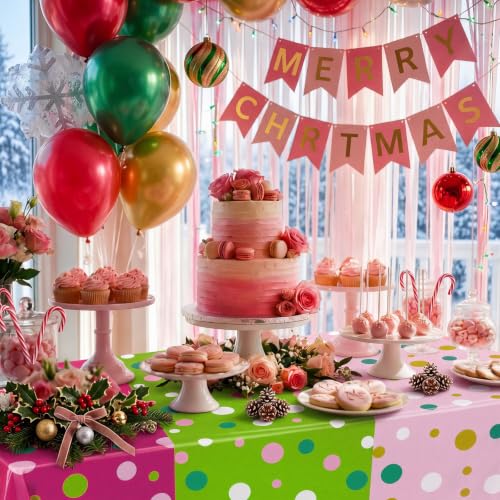 Oudain 3 Pcs Pink & Green Polka Dot Tablecloths 54 x 108 in – Disposable Plastic Event Covers