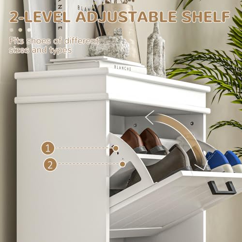 HOMCOM Narrow White Shoe Cabinet with 2 Flip Drawers - Entryway Storage