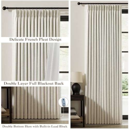 IVAPUPU Blackout Curtains 120 Inch Long, Pack of 2 - Natural Pinch Pleated Linen-Textured