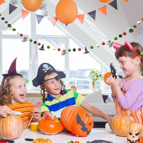 Halloween Felt Garlands Ghost Halloweens Garland Felts Balls Decorations Fall Pom Pom Garlands Halloween Banner Indoor Holiday Felts Garlans for Hallo ween Thanksgiving Fall Home Decor
