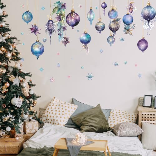 Merry Christmas Wall Decals Pine Cone Snowflake Wall Stickers Christmas Winter Home Wall Art Decor for Kids Room Classroom Office Bedroom Living Room Kitchen Playroom Decor (Purple)