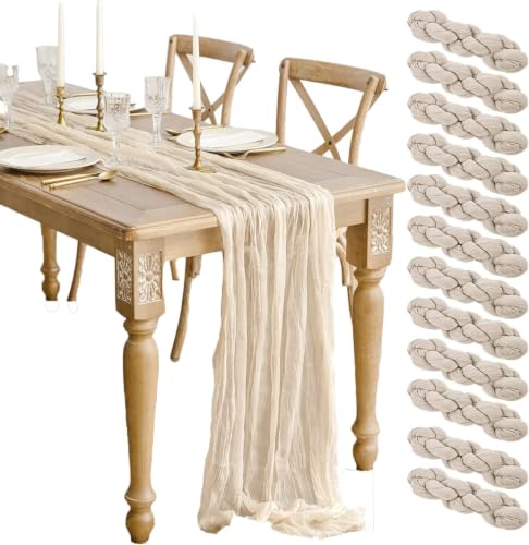 Beige 12-Pack 13ft Gauze Cheesecloth Table Runners for Wedding & Party Decor