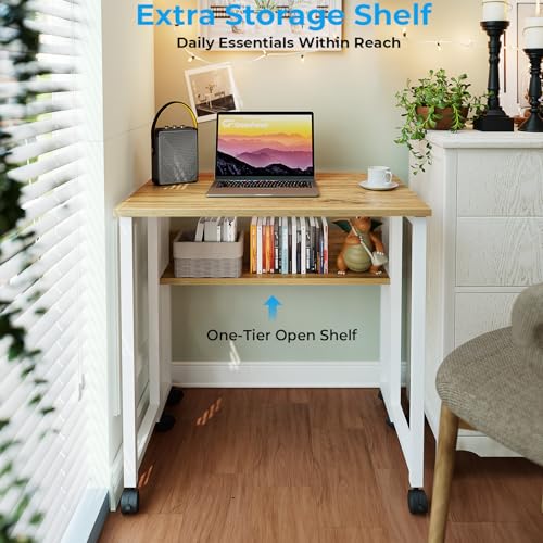 GreenForest Folding Desk with Wheels - 31.5 Inch Oak Rolling Table for Small Spaces
