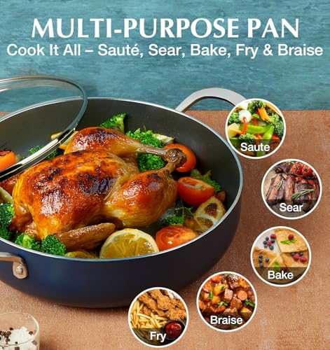 12-Inch Deep Frying Pan with Ceramic Nonstick Coating - 5.5 Quart Blue Saute Pan