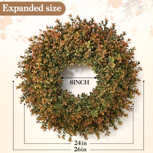 Waipfaru 26-Inch Fall Boxwood Wreath for Front Door Decor, Orange-Green - 1 Piece