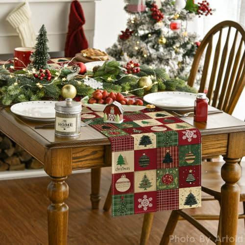 Artoid Mode Xmas Tree Gift Party Atmosphere 210 GSM Christmas Table Runner, Winter Kitchen Dining Table Decoration for Home Party Decor 13x72 Inch