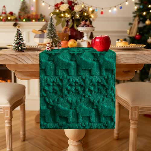 OTOSTAR Snowflake & Elk 13x108in Plush Faux Fur Table Runner, Green
