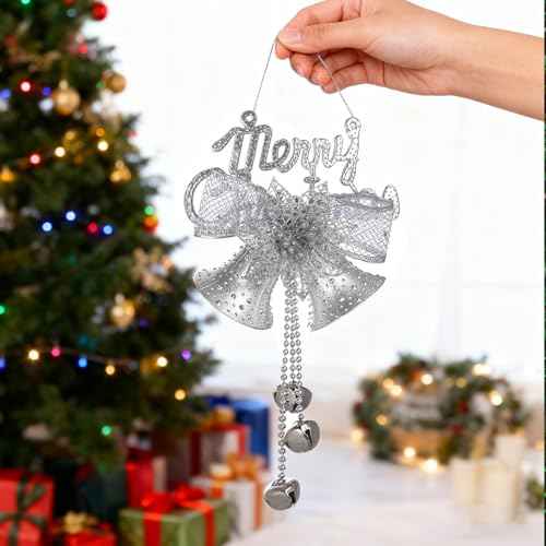 2 Pcs Metal Merry Christmas Bell Door Hanging Ornament with Bow for Tree & Wreath Decoration DIY Bells (Silver)