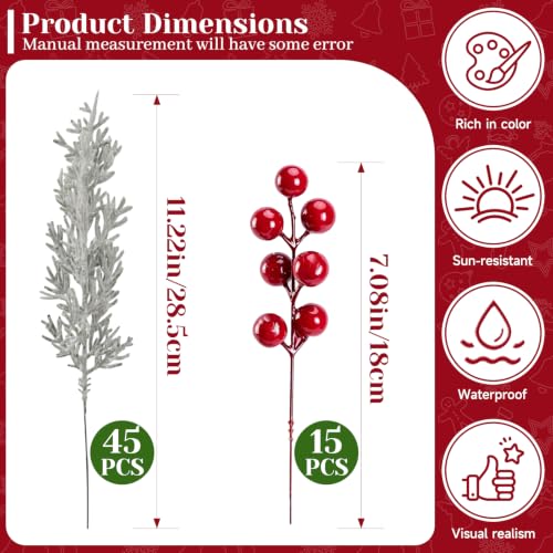 Snowy Green & Red Christmas Pine Branches with Berries - 60 Pcs Artificial Snow-Flocked Decor