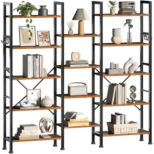Furologee 5-Tier Rustic Brown Bookshelf with 14 Display Shelves - Triple 3-Column Design