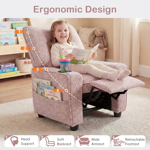 Pink Velvet Kids Recliner with Adjustable Backrest & Footrest, Cup Holder & Side Pockets