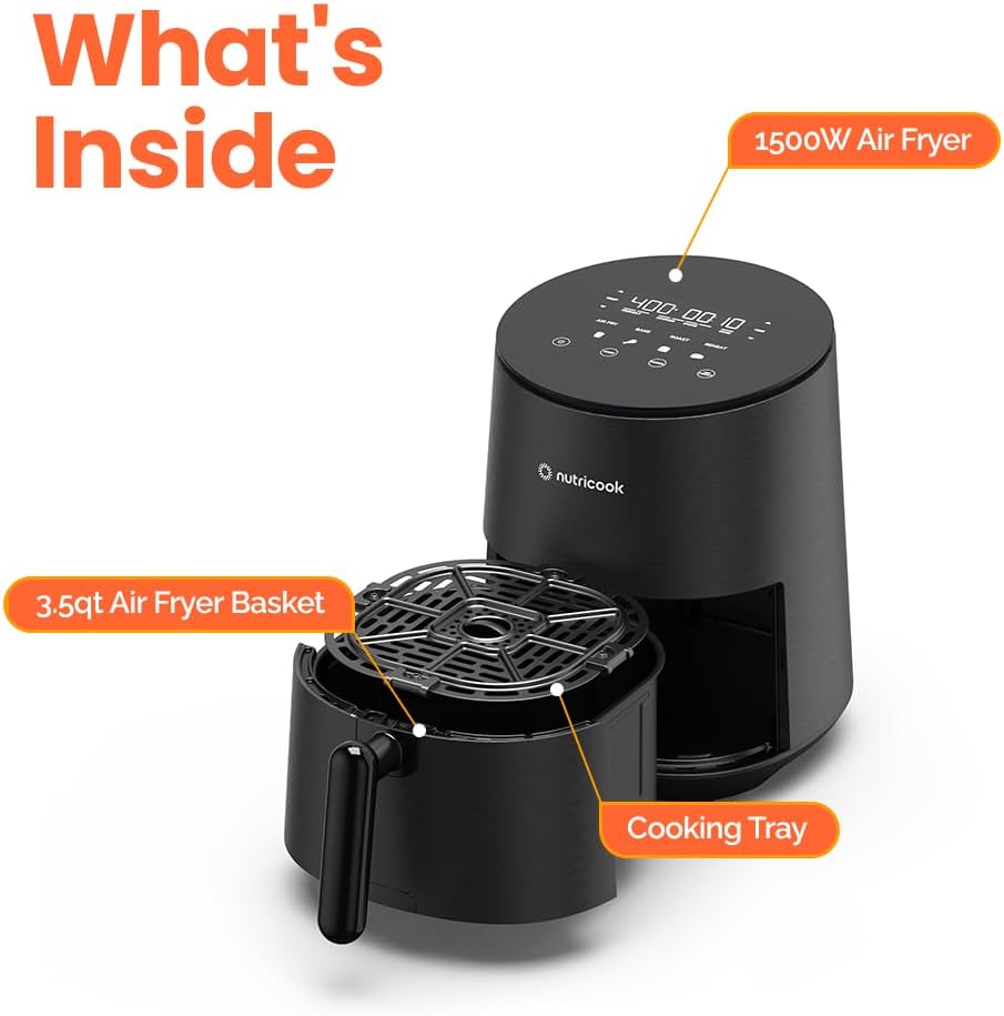 Nutricook Air Fryer - 8 Preset Functions, Compact 3.5 Quart Design, Tempered Glass Control Panel, Black